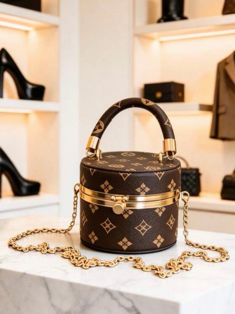 Kohl's Brown Monogram Round Top-Handle Mini Bag with Gold Chain